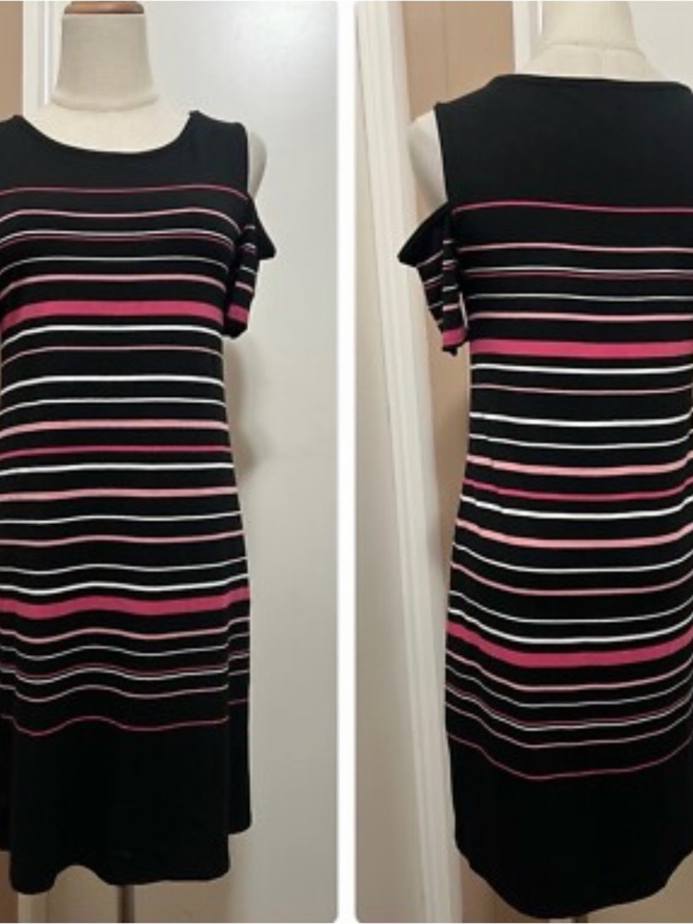 White House Black Market Black Cold-Shoulder Striped Mini Dress